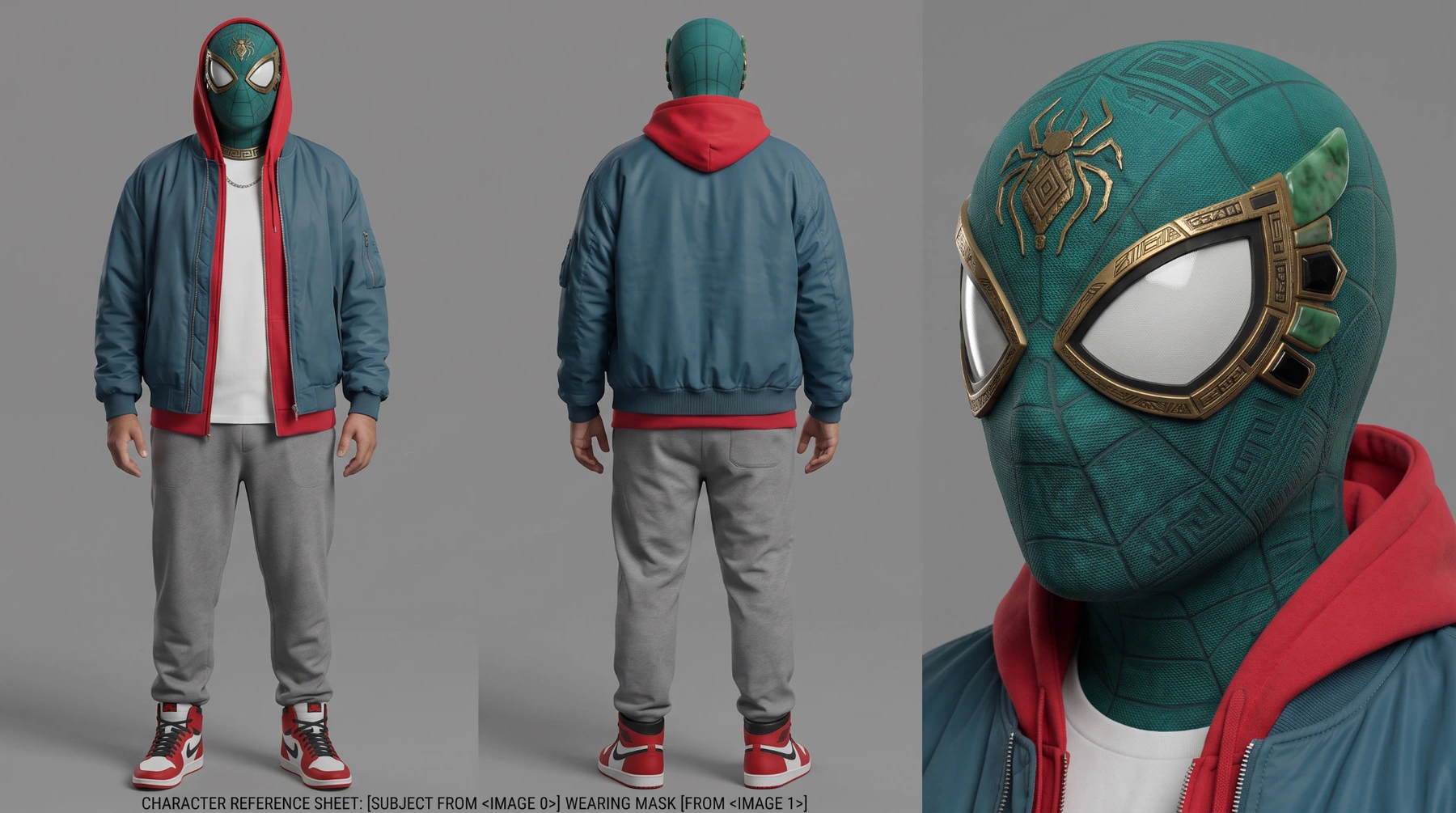 Yuca Araña con máscara turquesa y dorada, sudadera roja y chamarra azul